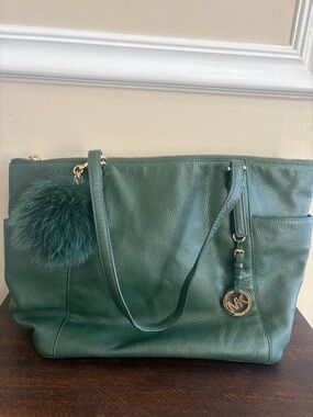 Michael Kors Green Leather Tote with Fur Pom and MK Charm